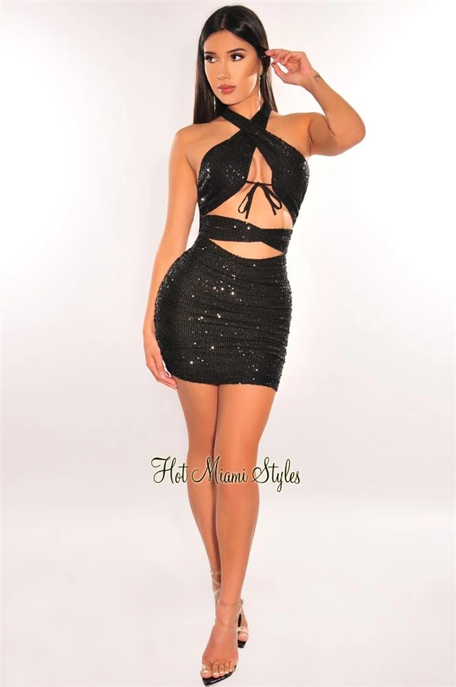 Black Sequins Halter CrissCross Cut Out Ruched Dress 3 Black Sequins Halter CrissCross Cut Out Ruched Dress - Image 3