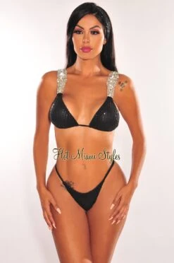 Black Sequins Jeweled Padded Scrunch Butt Bikini + Headband