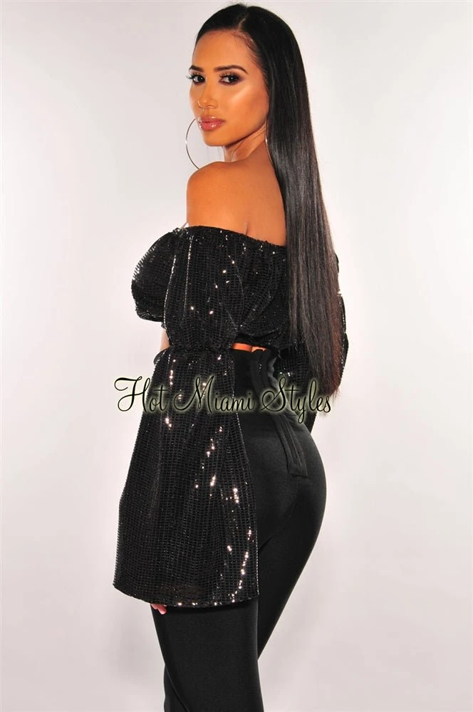 Black Sequins Off Shoulder Bell Sleeves Crop Top 2 Black Sequins Off Shoulder Bell Sleeves Crop Top - Image 2