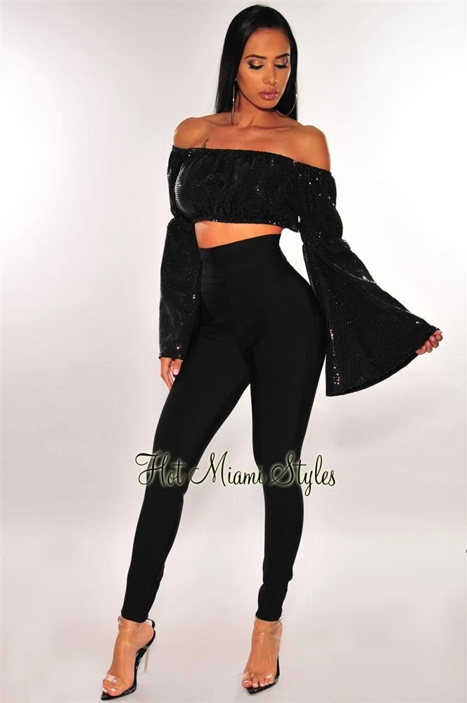 Black Sequins Off Shoulder Bell Sleeves Crop Top 3 Black Sequins Off Shoulder Bell Sleeves Crop Top - Image 3