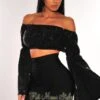 Black Sequins Off Shoulder Bell Sleeves Crop Top