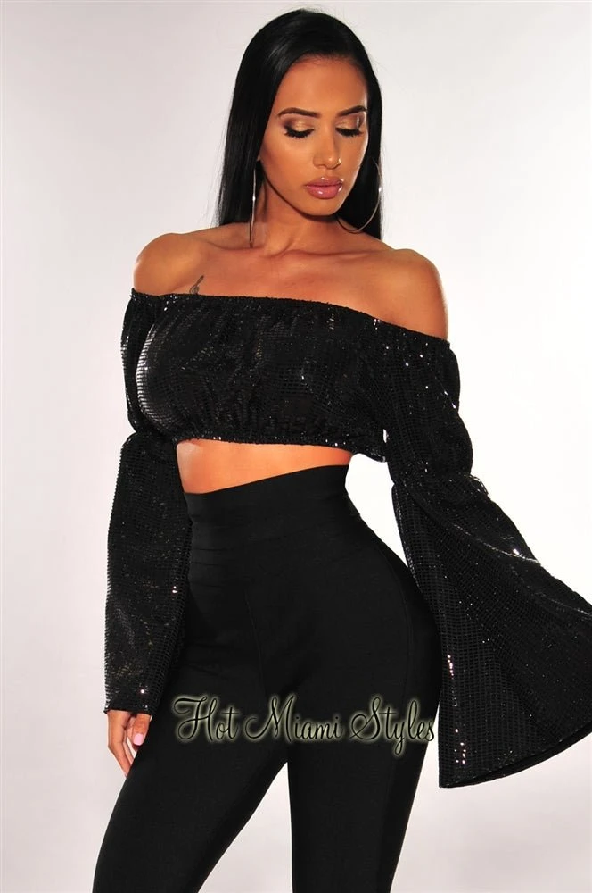 Black Sequins Off Shoulder Bell Sleeves Crop Top 1 Black Sequins Off Shoulder Bell Sleeves Crop Top