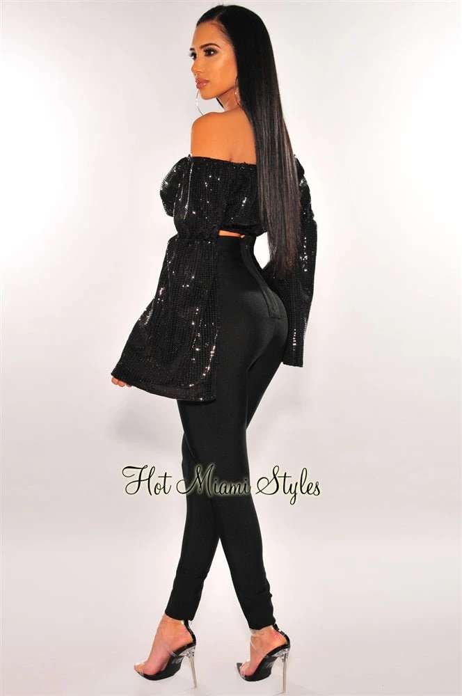 Black Sequins Off Shoulder Bell Sleeves Crop Top 4 Black Sequins Off Shoulder Bell Sleeves Crop Top - Image 4