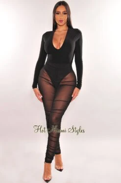 Black Sheer High Waist Ruched Cover Up Pants