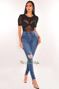 Black Sheer Mesh Padded Strappy Back High Cut Bodysuit -Miamis Style Shop black sheer mesh padded strappy back high cut bodysuit hot miami styles 273224