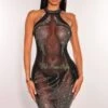 Black Sheer Mesh Rhinestone Halter Mini Dress