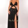 Black Shimmery Spaghetti Straps Braided Cut Out Slit Maxi Dress