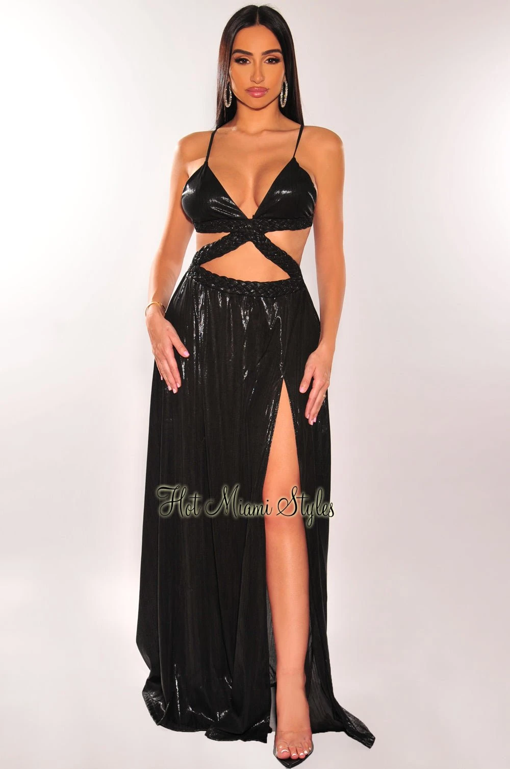 Black Shimmery Spaghetti Straps Braided Cut Out Slit Maxi Dress 1 Black Shimmery Spaghetti Straps Braided Cut Out Slit Maxi Dress