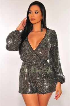 Black Silver Sequins Long Sleeves Belted Romper