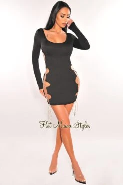 Black Silver Studded Lace Up Sides Long Sleeve Mini Dress -Miamis Style Shop black silver studded lace up sides long sleeve mini dress hot miami styles 177197