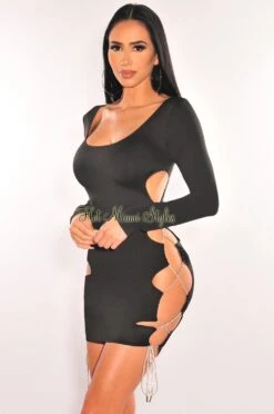 Black Silver Studded Lace Up Sides Long Sleeve Mini Dress