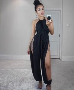 Black Slit Leg Harem Jumpsuit -Miamis Style Shop black slit leg harem jumpsuit hot miami styles 660179