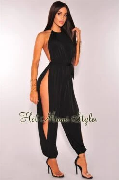 Black Slit Leg Harem Jumpsuit