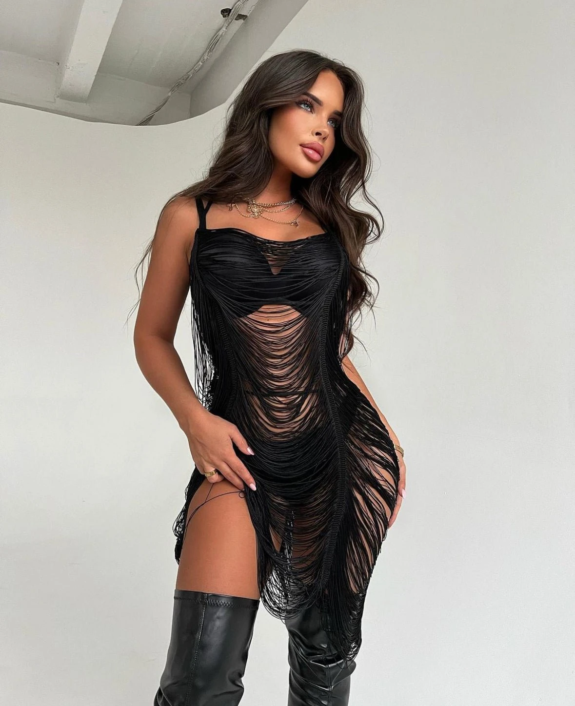 Black Spaghetti Strap Racerback Fringe Ladder Cut Dress 5 Black Spaghetti Strap Racerback Fringe Ladder Cut Dress - Image 5