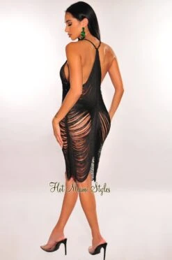 Black Spaghetti Strap Racerback Fringe Ladder Cut Dress 8 Black Spaghetti Strap Racerback Fringe Ladder Cut Dress -Miamis Style Shop black spaghetti strap racerback fringe ladder cut dress hot miami styles 700030