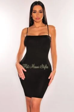 Black Square Neck Spaghetti Straps Mini Dress
