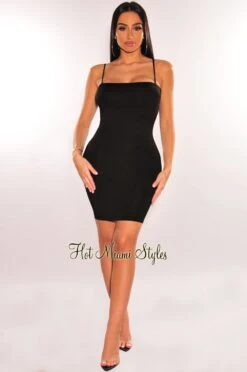 Black Square Neck Spaghetti Straps Mini Dress -Miamis Style Shop black square neck spaghetti straps mini dress hot miami styles 330213