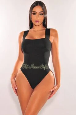 Black Square Neck Straps Bandage Bodysuit