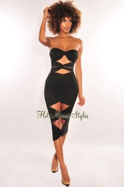 Black Strapless Knotted Cut Out Ruched Dress