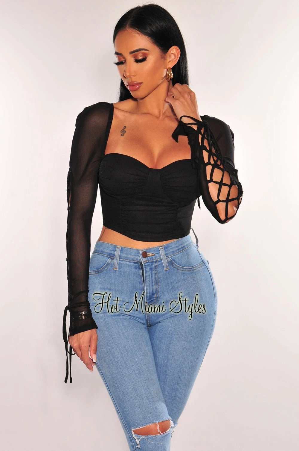 Black Sweetheart Padded Mesh Lace Up Long Sleeves Crop Top 1 Black Sweetheart Padded Mesh Lace Up Long Sleeves Crop Top