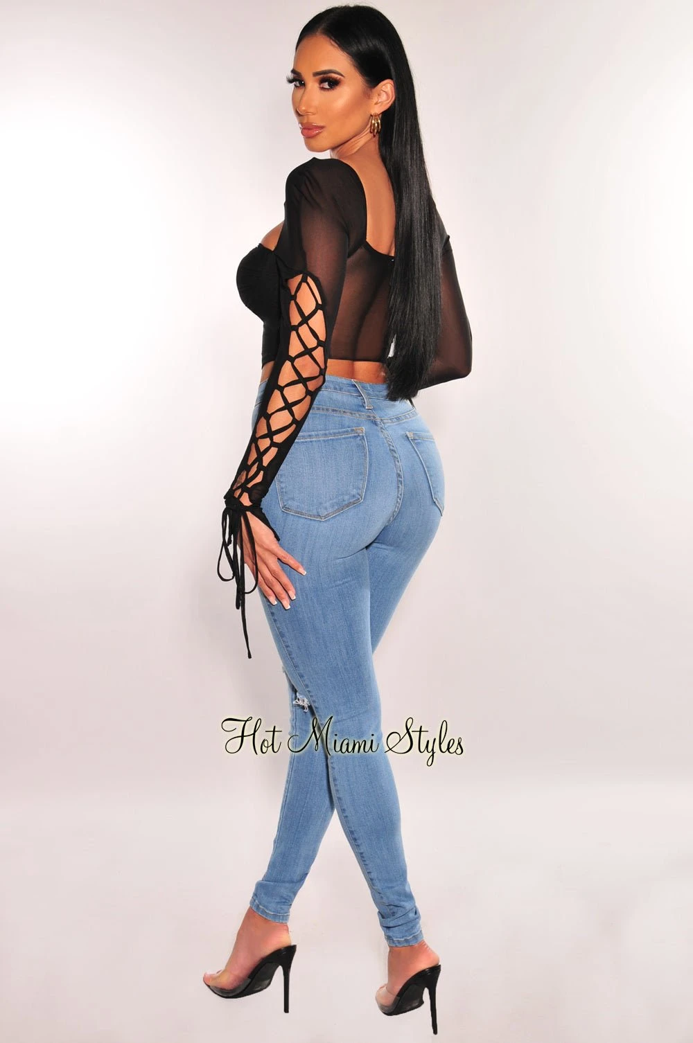 Black Sweetheart Padded Mesh Lace Up Long Sleeves Crop Top 4 Black Sweetheart Padded Mesh Lace Up Long Sleeves Crop Top - Image 4