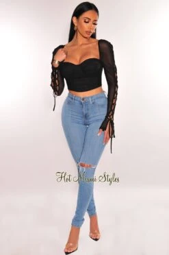 Black Sweetheart Padded Mesh Lace Up Long Sleeves Crop Top 6 Black Sweetheart Padded Mesh Lace Up Long Sleeves Crop Top -Miamis Style Shop black sweetheart padded mesh lace up long sleeves crop top hot miami styles 948581