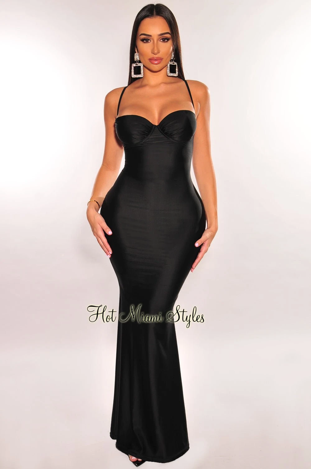 Black Underwire Spaghetti Strap Criss Cross Back Mermaid Gown 1 Black Underwire Spaghetti Strap Criss Cross Back Mermaid Gown