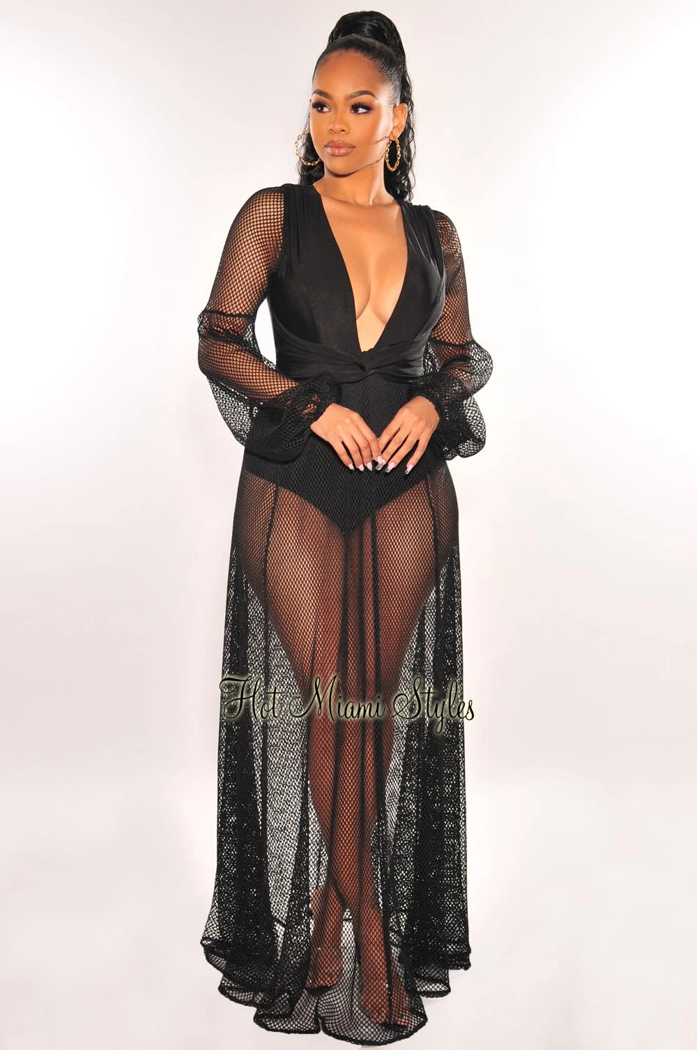 Black V Neck Fishnet Long Sleeve Maxi Dress 1 Black V Neck Fishnet Long Sleeve Maxi Dress