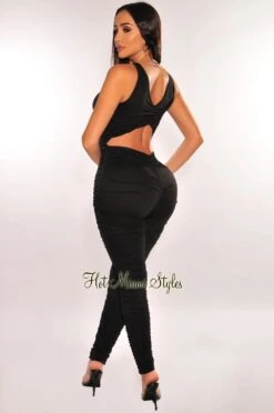 Black V Neck Sleeveless Ruched Cut Out Back Jumpsuit