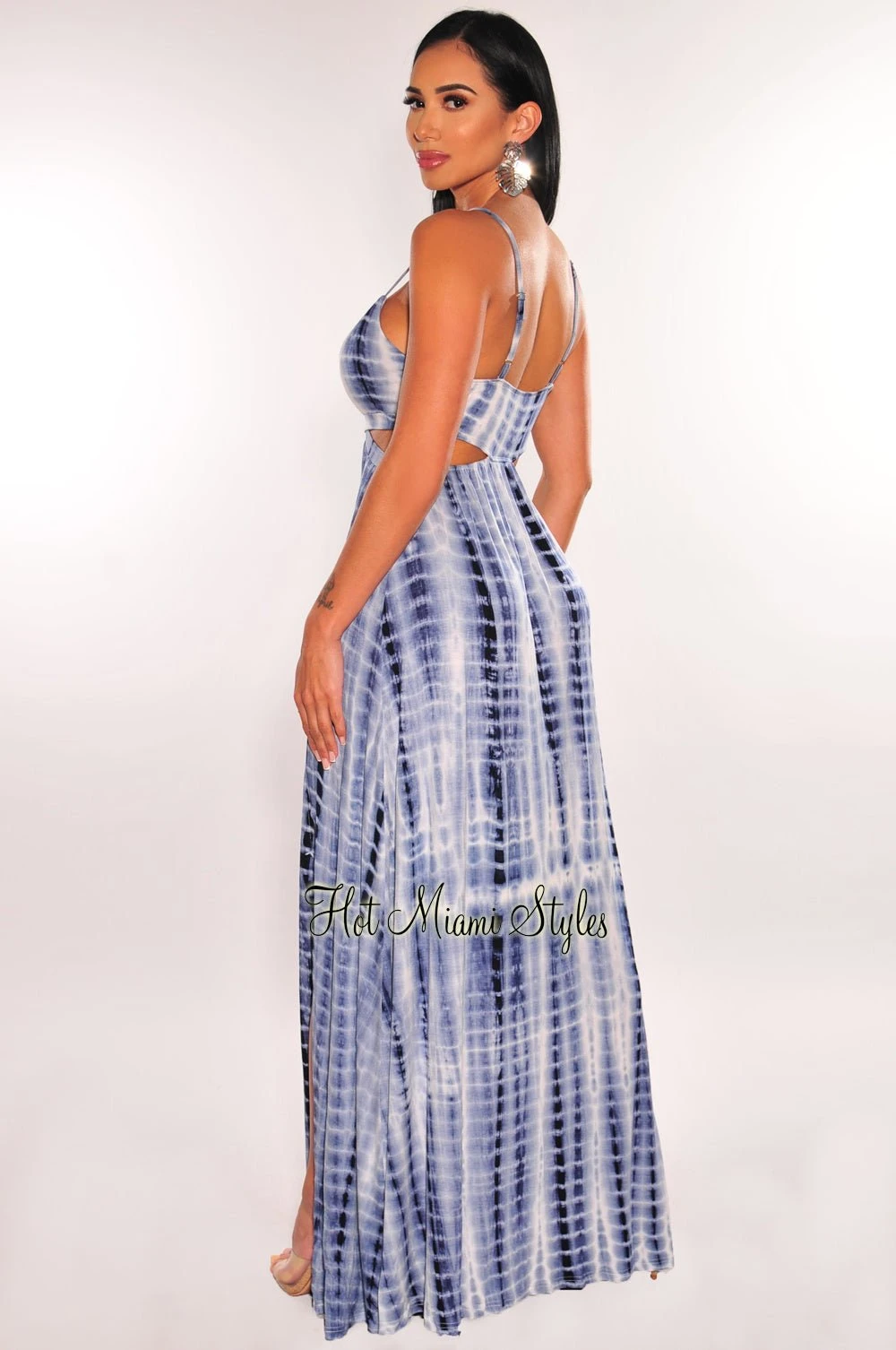 Blue Acid Wash Spaghetti Strap Cut Out Slit Maxi Dress 2 Blue Acid Wash Spaghetti Strap Cut Out Slit Maxi Dress - Image 2