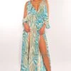Blue Animal Print V Neck Open Shoulder Double Slit Maxi Dress
