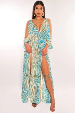 Blue Animal Print V Neck Open Shoulder Double Slit Maxi Dress