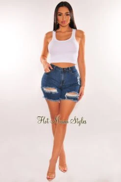 Blue Denim Destroyed Frayed Hem Biker Shorts -Miamis Style Shop blue denim destroyed frayed hem biker shorts hot miami styles 665950