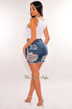 Blue Denim Destroyed Frayed Hem Biker Shorts -Miamis Style Shop blue denim destroyed frayed hem biker shorts hot miami styles 848986