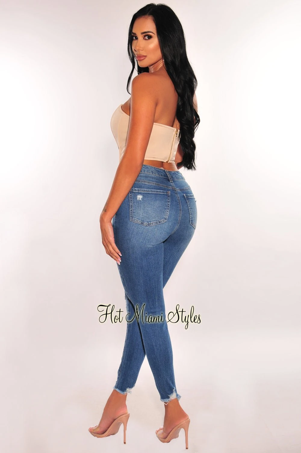 Blue Denim High Waist Distressed Skinny Frayed Hem Ankle Jeans 2 Blue Denim High Waist Distressed Skinny Frayed Hem Ankle Jeans - Image 2