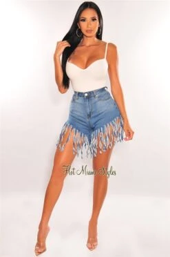 Blue Denim High Waist Fringe Hem Shorts -Miamis Style Shop blue denim high waist fringe hem shorts hot miami styles 106564