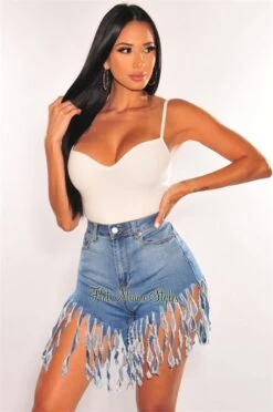 Blue Denim High Waist Fringe Hem Shorts
