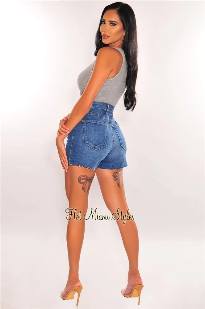 Blue Denim High Waist Slit Frayed Hem Shorts 4 Blue Denim High Waist Slit Frayed Hem Shorts - Image 4