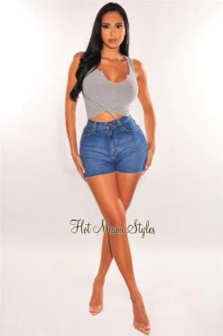 Blue Denim High Waist Slit Frayed Hem Shorts 6 Blue Denim High Waist Slit Frayed Hem Shorts -Miamis Style Shop blue denim high waist slit frayed hem shorts hot miami styles 803556