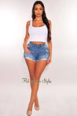 Blue Denim High Waisted Distressed Frayed Hem Shorts -Miamis Style Shop blue denim high waisted distressed frayed hem shorts hot miami styles 742740