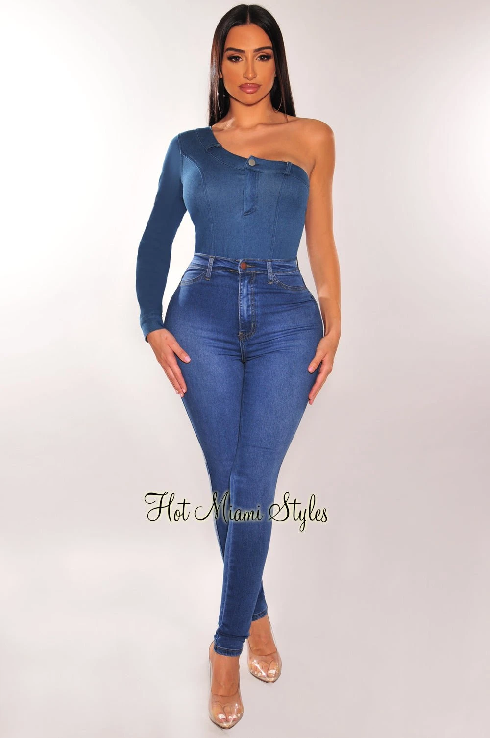 Blue Denim One Shoulder Long Sleeve Bodysuit 3 Blue Denim One Shoulder Long Sleeve Bodysuit - Image 3