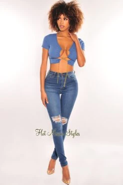 Blue Gold Chain Ribbed Lace Up Cut Out Crop Top -Miamis Style Shop blue gold chain ribbed lace up cut out crop top hot miami styles 221015