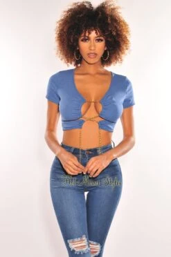 Blue Gold Chain Ribbed Lace Up Cut Out Crop Top