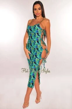 Blue Green Tropical Print Gold Chain Straps Tie Up Sides Dress