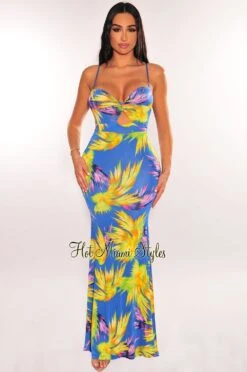 Blue Multicolor Tropical Print Spaghetti Strap Knotted Cut Out Mermaid Dress