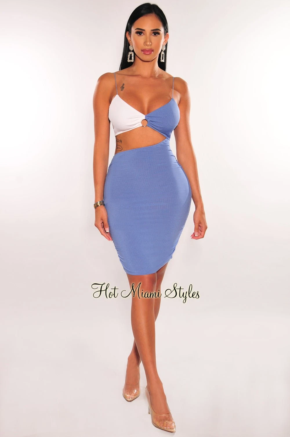 Blue White Ribbed Spaghetti Strap O Ring Cut Out Ruched Dress 3 Blue White Ribbed Spaghetti Strap O Ring Cut Out Ruched Dress - Image 3
