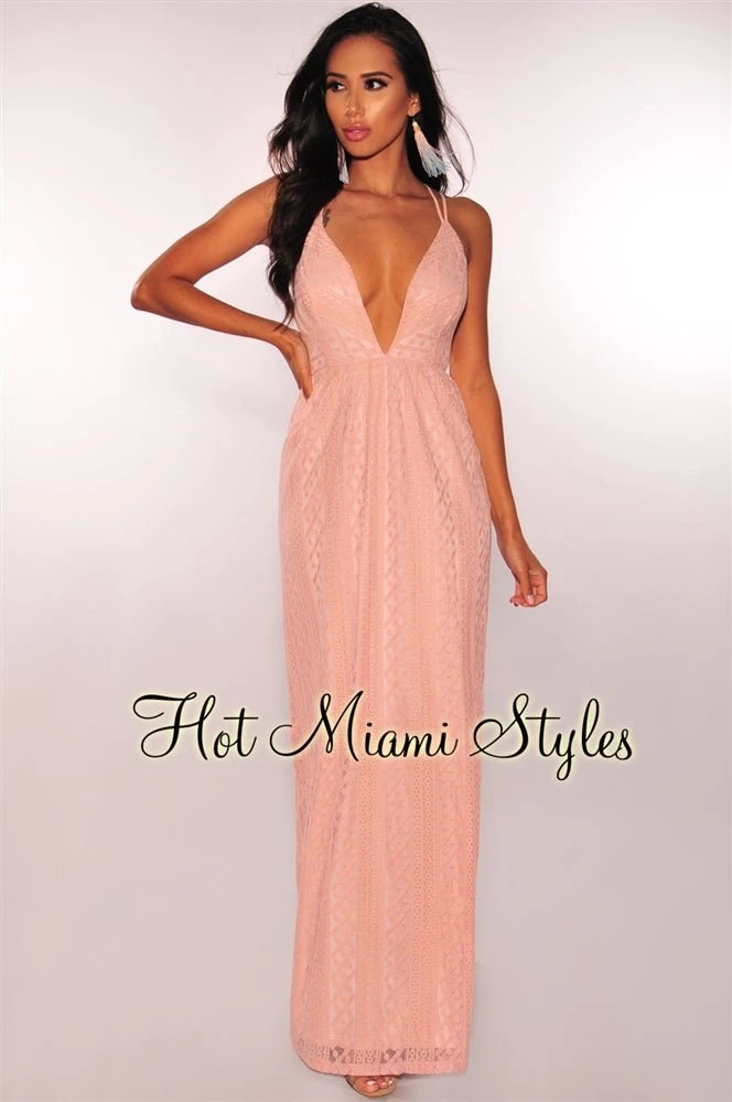 Blush Lace Nude Illusion CrissCross Maxi Dress 2 Blush Lace Nude Illusion CrissCross Maxi Dress - Image 2