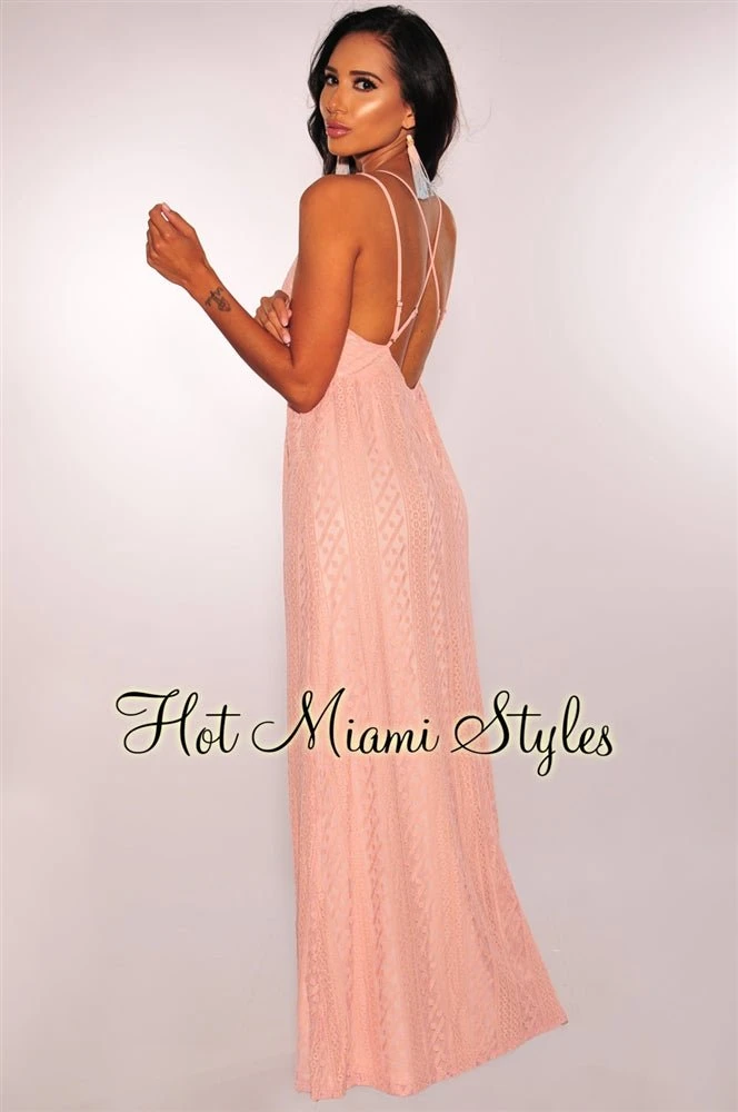 Blush Lace Nude Illusion CrissCross Maxi Dress 4 Blush Lace Nude Illusion CrissCross Maxi Dress - Image 4
