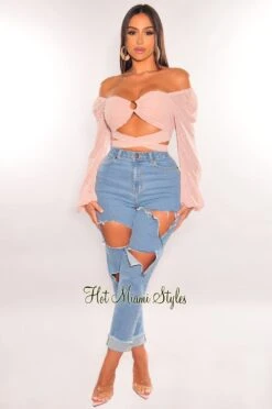 Blush O-Ring Cut Out Long Sleeve Wrap Around Crop Top -Miamis Style Shop blush o ring cut out long sleeve wrap around crop top hot miami styles 919367