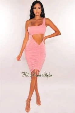 Blush One Shoulder Cut Out Ruched Dress -Miamis Style Shop blush one shoulder cut out ruched dress hot miami styles 189293
